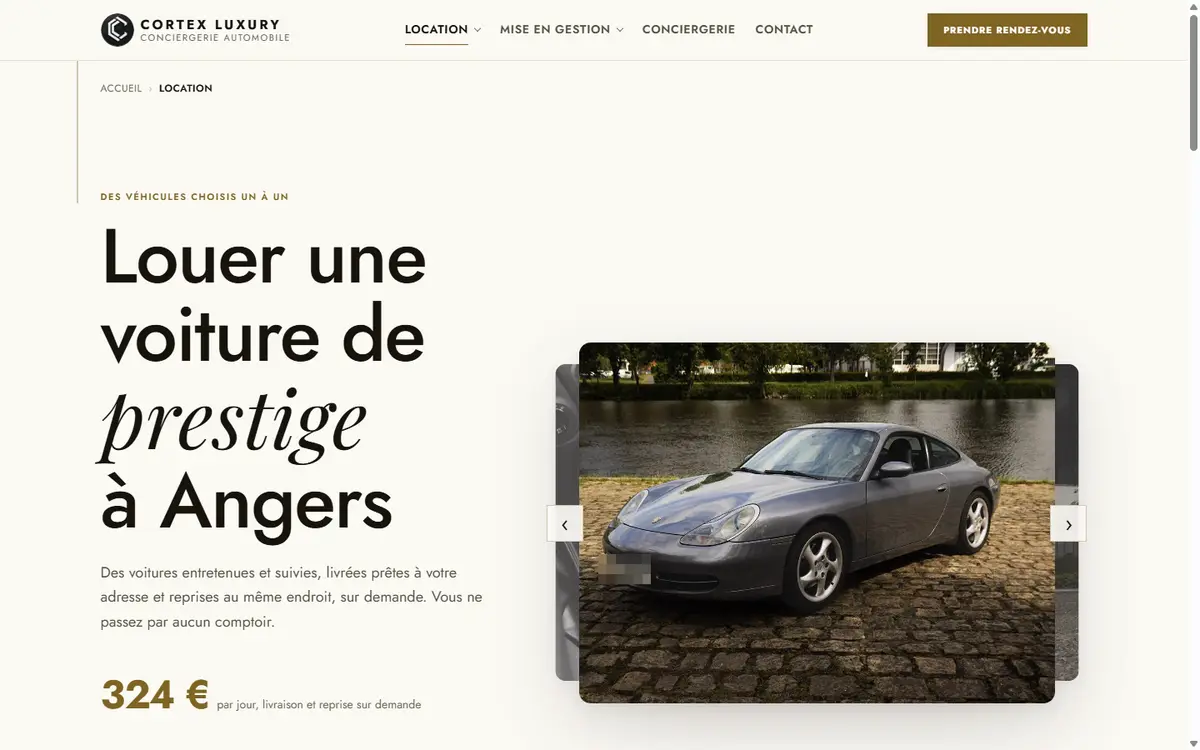 Page location du site, louer une voiture de prestige à Angers avec une Porsche en photo