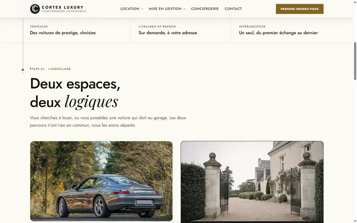 Section du site présentant les deux parcours, louer une voiture ou confier la sienne